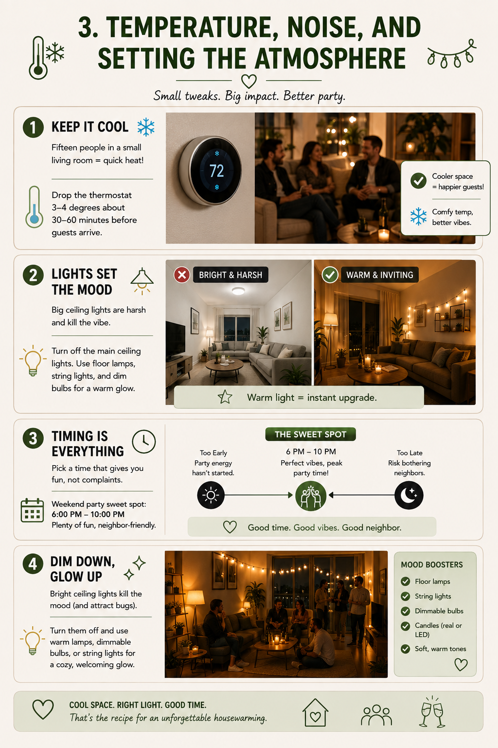 Temperature, Noise, and Setting the Atmosphere for the housewarming