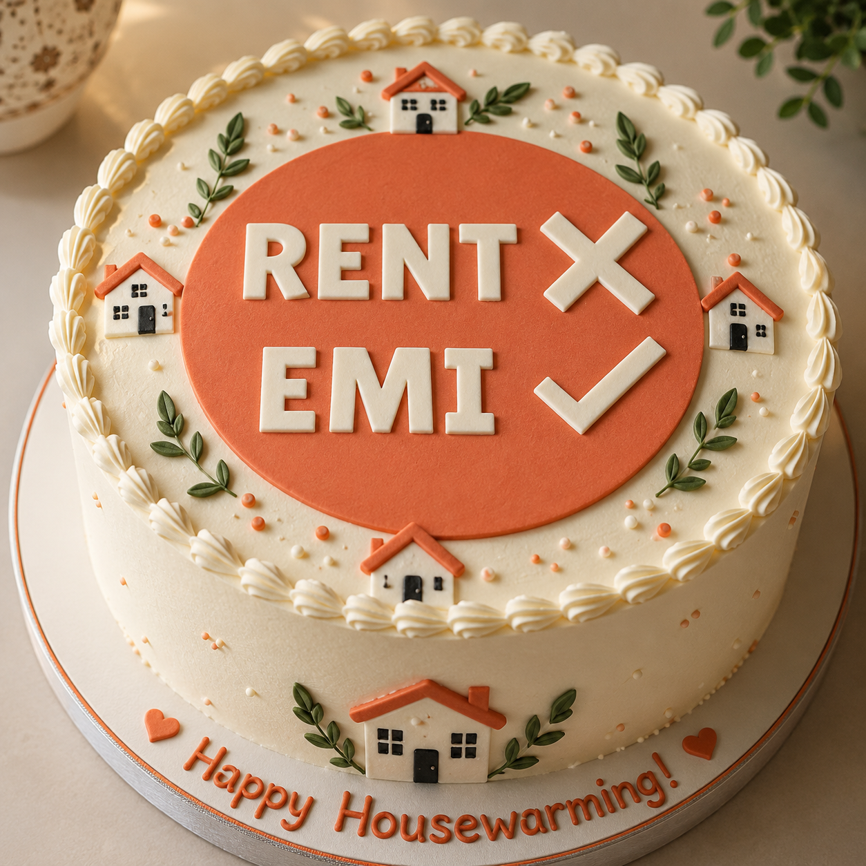 housewarming cake design - rent and emi related message