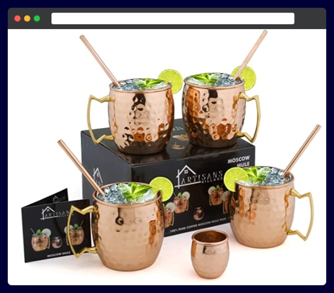 Moscow Mule Copper Mugs Set of 4 with 4 copper straws and a shot glass